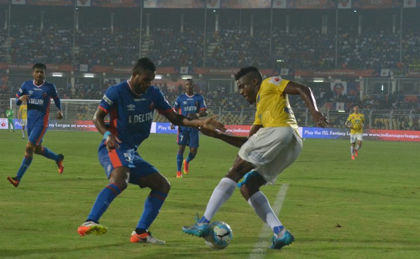 BATTLE: FC Kerala goal scorer Kervens Belfort tackles FC Goa