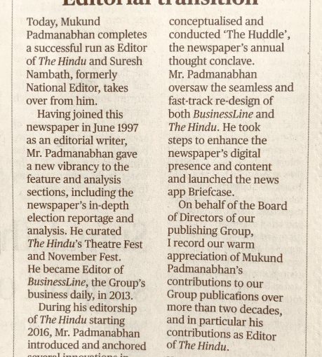 Rare Tribute To Retiring Editor Mukund Padmanabhan