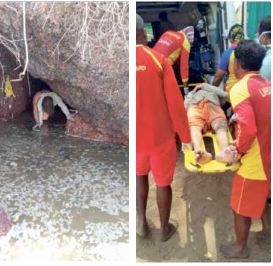 Drishti lifeguards rescued an individual from a cave which was rapidly flooding due to the high tide on April 9, 2020. The male who is a Russian national is believed to have been living in the cave for the past few weeks. During a routine patrol by the lifeguard stationed at the Keri beach area, lifeguard Girish Talkar spotted a man in a small narrow cave along the shoreline. He seemed to be in obvious distress as the cave was flooding rapidly due to the high tide. The male also appeared to be physically challenged as he was unable to walk. The lifeguard Girish sprang into action and called for back-up. Meanwhile a call was placed for an ambulance and to the police patrol room. Soon after lifeguards Dhako, Jayesh and Vikram joined lifeguard Girish to assist him in the evacuation and rescue operation. The victim was evacuated on a spine board and brought to shore. His vitals were checked and appeared to be normal. The victim was shifted to the ambulance and transported to the PHC at Mapusa. From conversations with the locals in the area it is believed that the Russian national named Valenti, has been residing in and around the cave for the past few weeks. Contact has been made with the brother of the victim who is residing in Russia. The Russian embassy has been informed about the incident. In the Keri and Morjim area a number of international tourists who are stranded in Goa continue to reside at the beach huts along the shore. At noon on the same day locals alerted the police about a party attended by close to 60 foreigners in a forested area at Morjim.